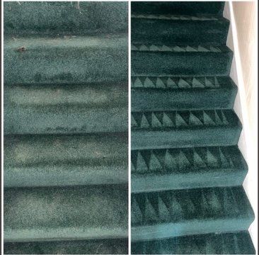 A before and after picture of a green carpeted staircase.
