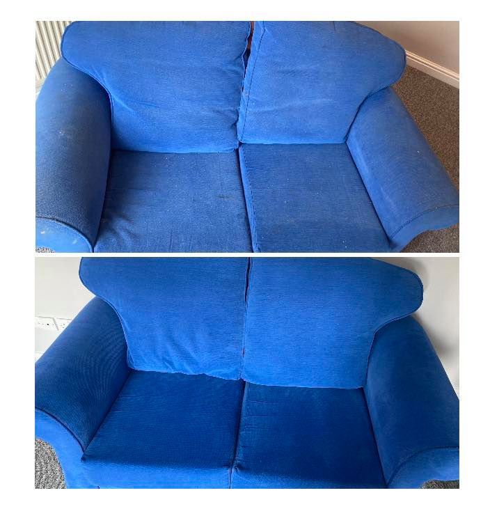 A before and after picture of a blue couch.