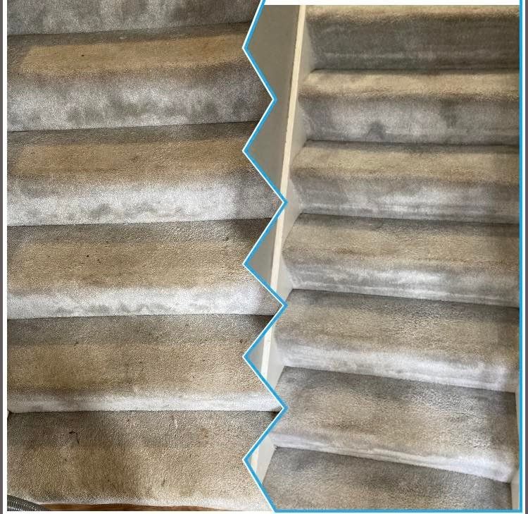 A before and after photo of a carpeted staircase.