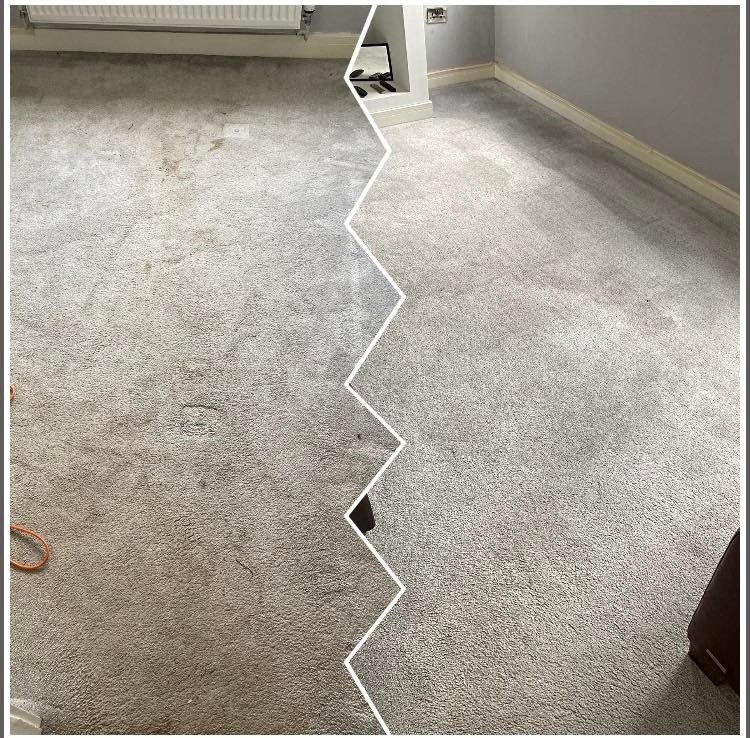 A before and after photo of a carpet in a living room.