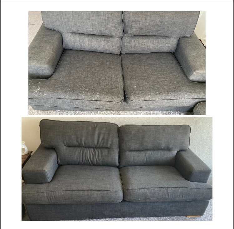A before and after picture of a grey couch