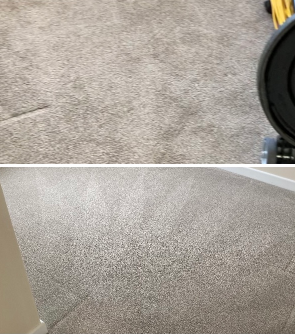 A before and after picture of a carpet being cleaned with a vacuum cleaner.