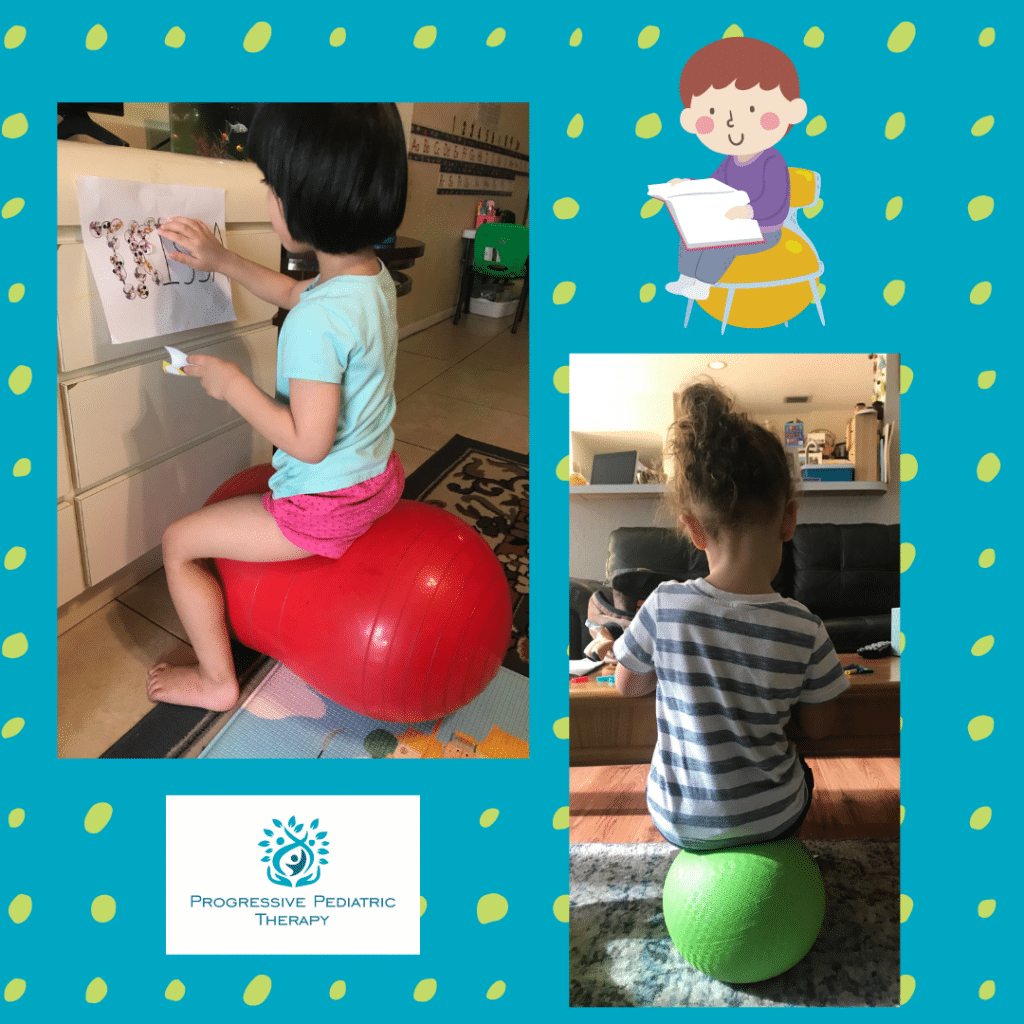 A little girl sits on a red ball and a little girl sits on a green ball