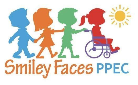 A logo for smiley faces ppec with a girl in a wheelchair