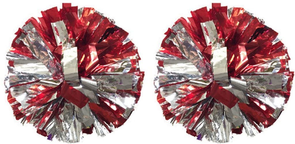 A pair of red and silver pom poms on a white background.