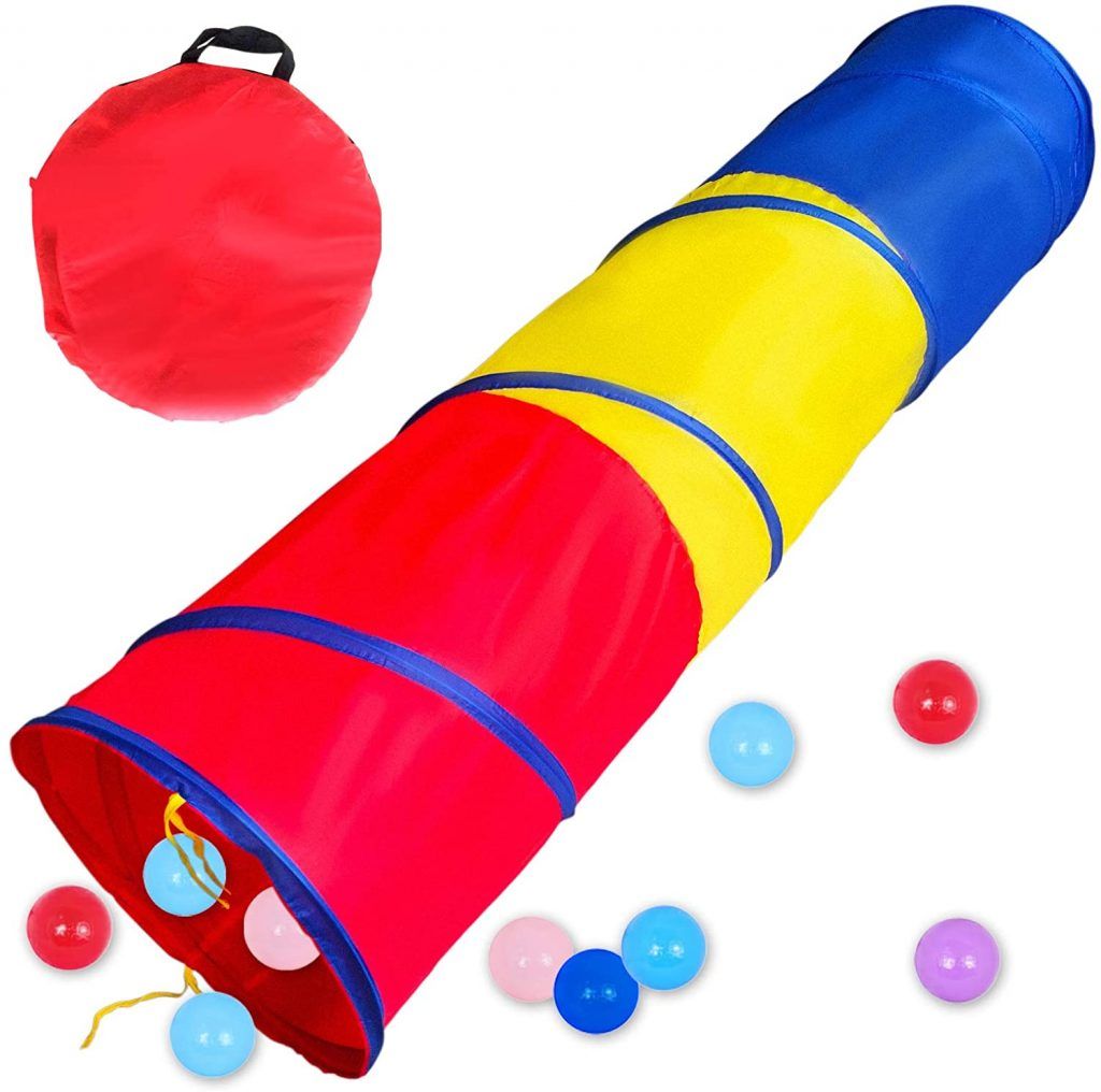 A red yellow and blue play tunnel with balls in it
