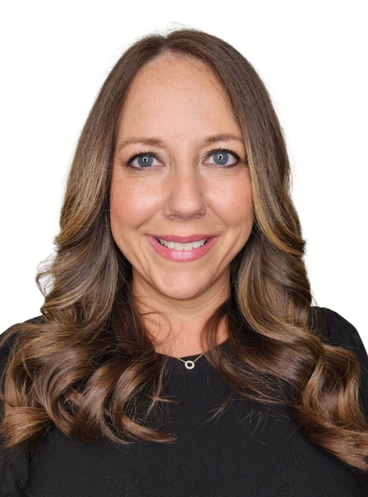 A woman with long brown hair is smiling and wearing a black shirt.