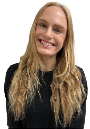A woman with long hair is smiling and wearing a black shirt.