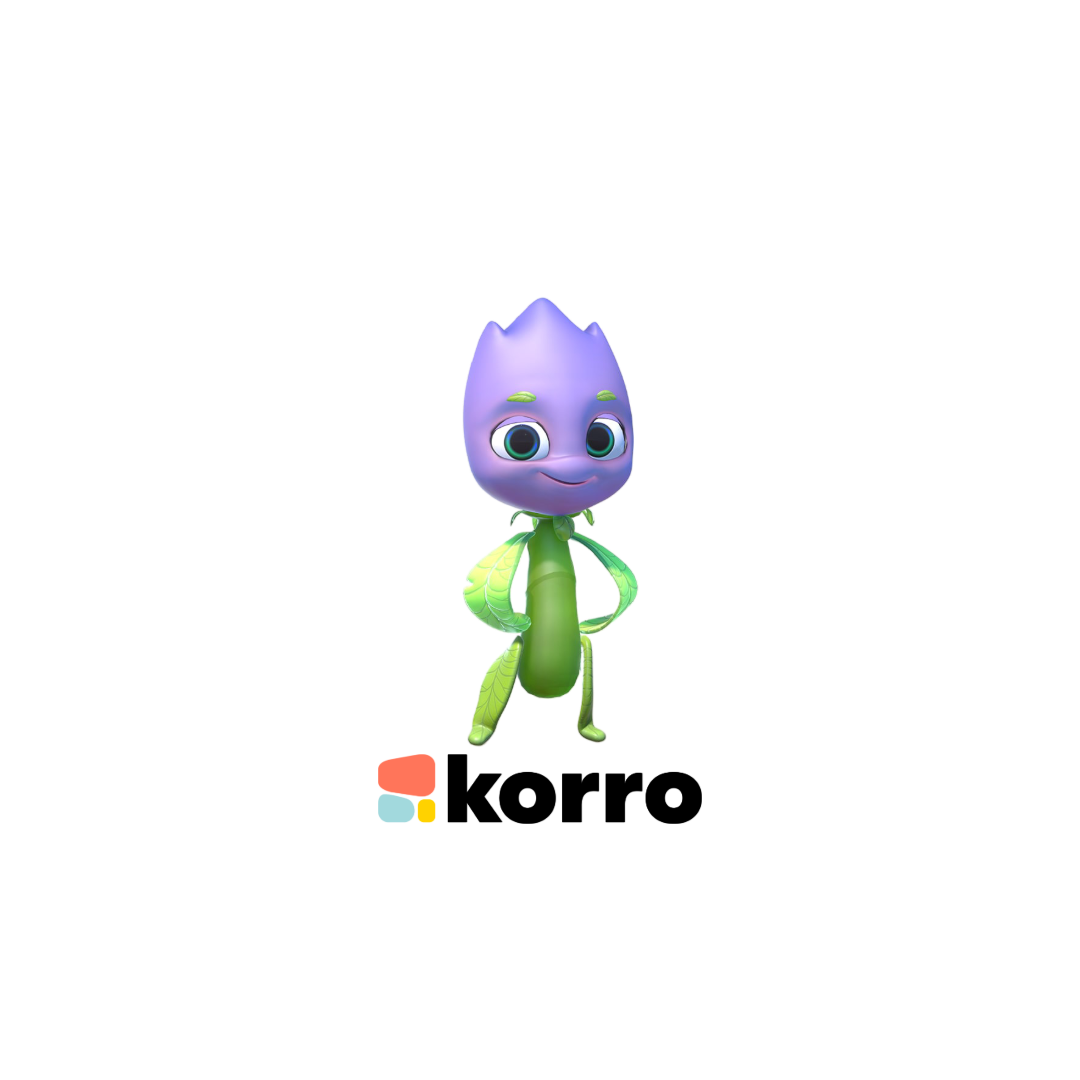 A cartoon character with a purple flower on his head is standing in front of a white background.