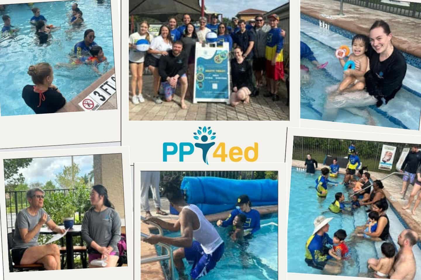 A collage of photos of people playing in a swimming pool.