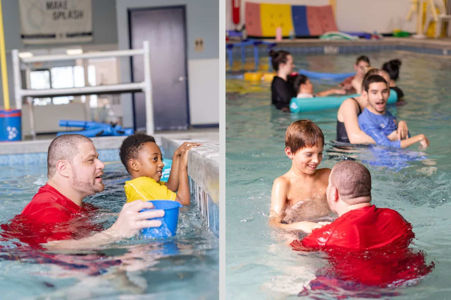 A man is teaching a child how to swim in a swimming pool.