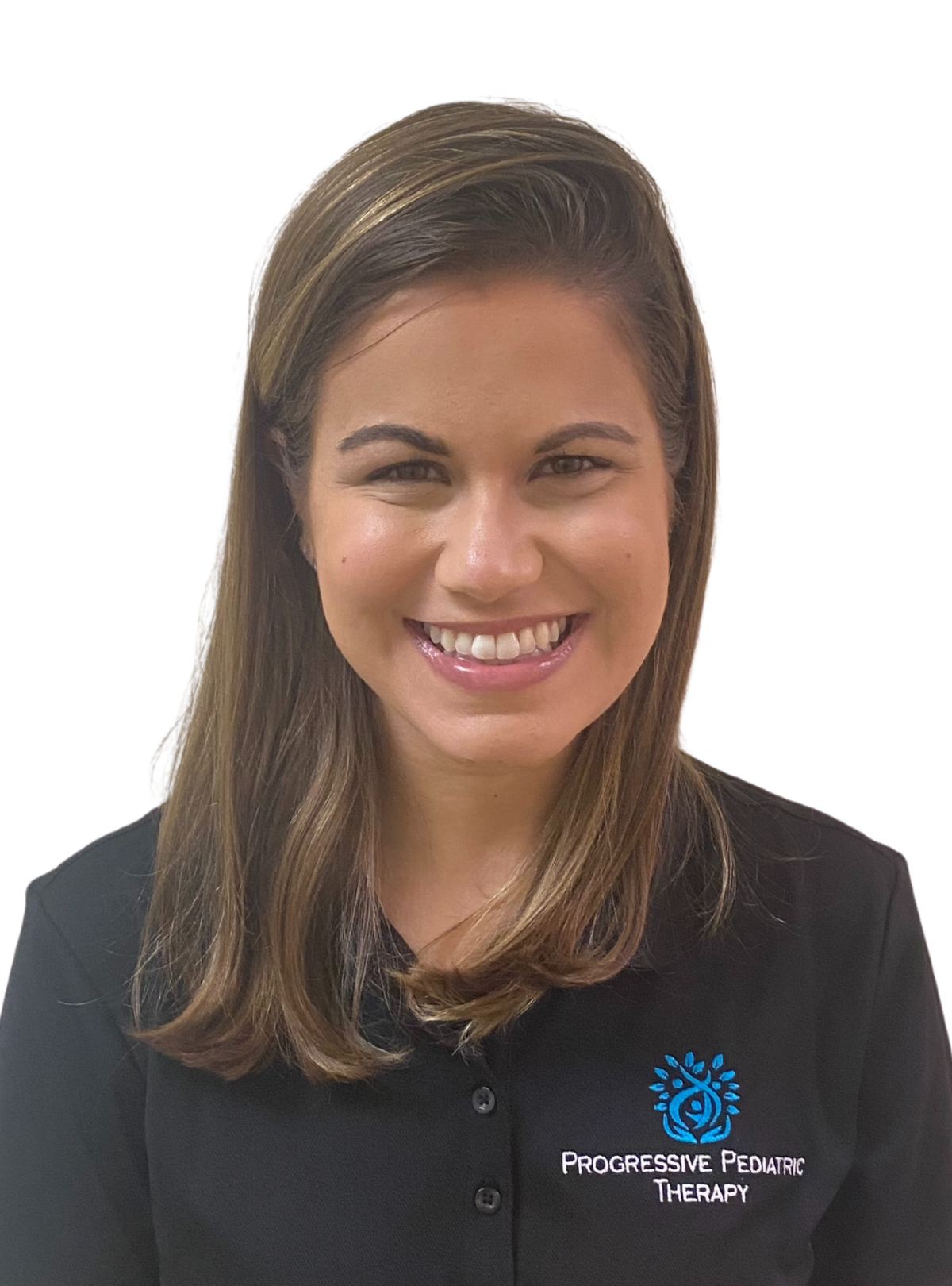 A woman in a black shirt is smiling for the camera.