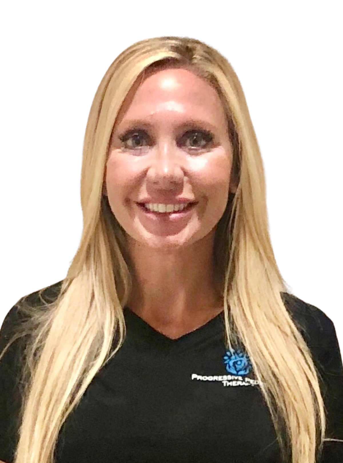 A woman with long blonde hair is wearing a black shirt and smiling.