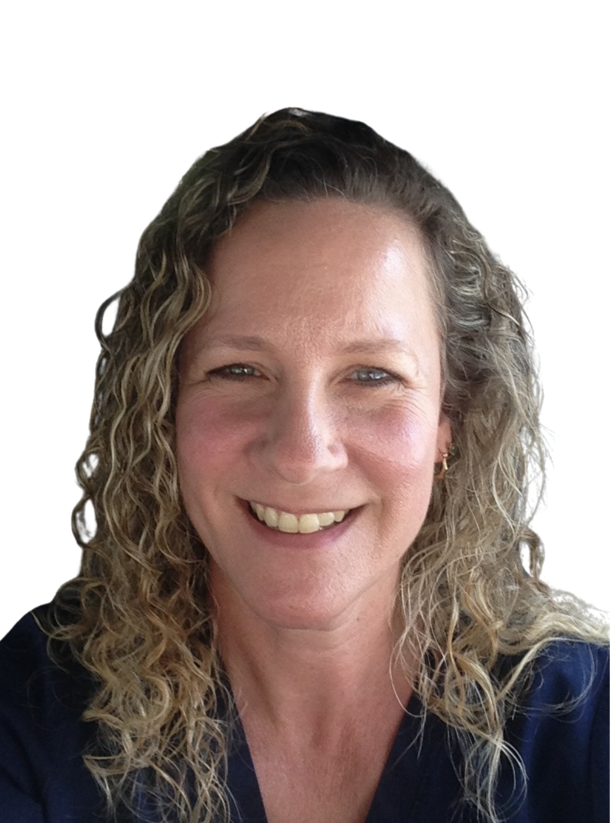 A woman with curly hair is smiling and wearing a blue shirt.