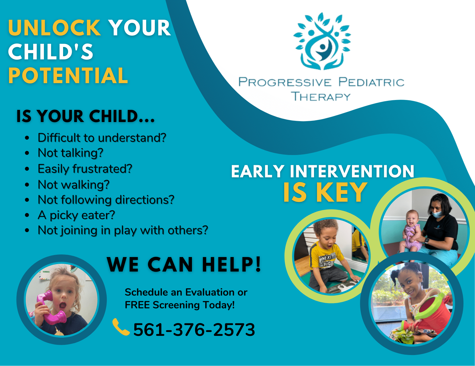 An advertisement for progressive pediatric therapy that says unlock your child 's potential