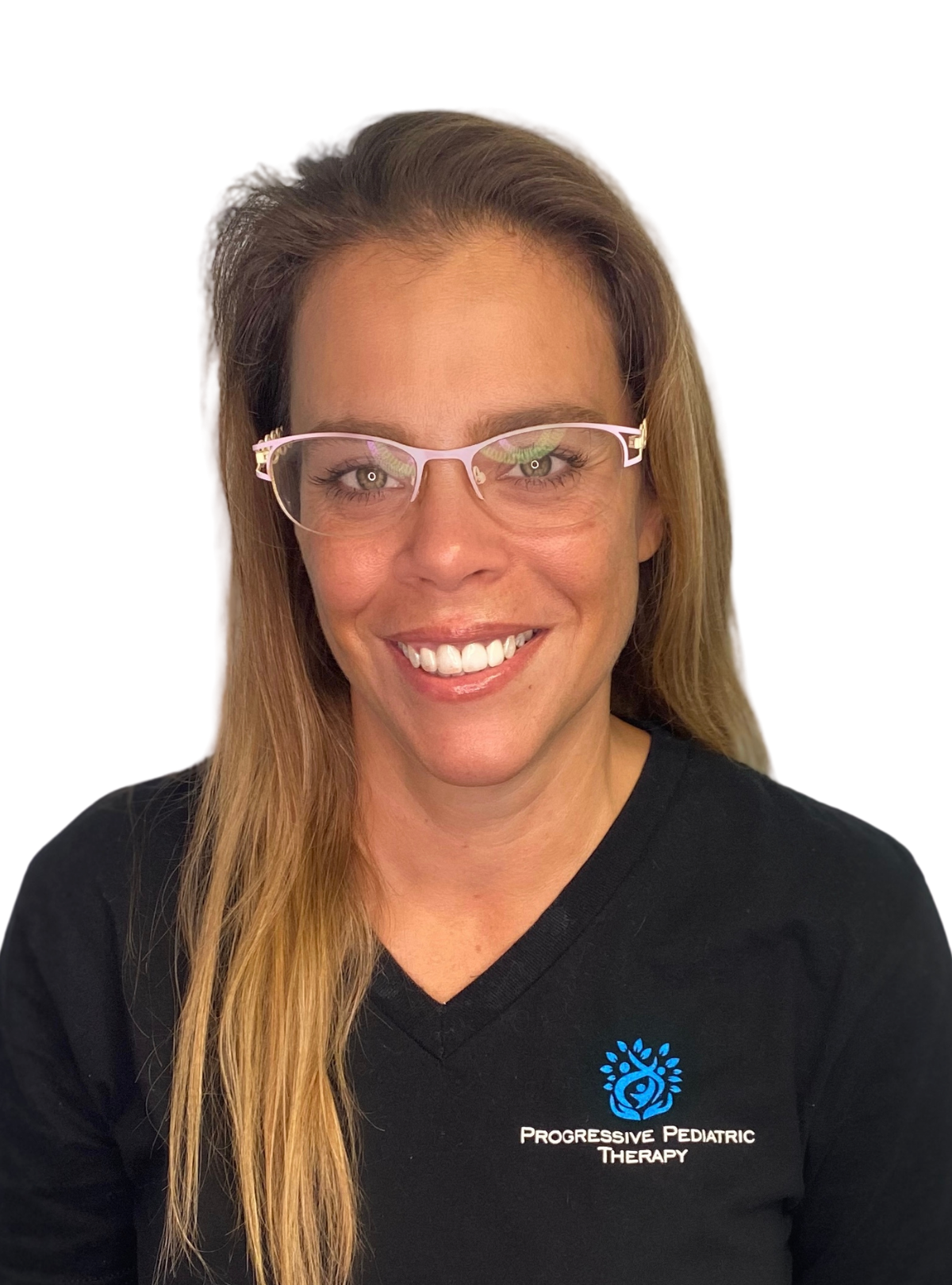 A woman wearing glasses and a black shirt is smiling for the camera.