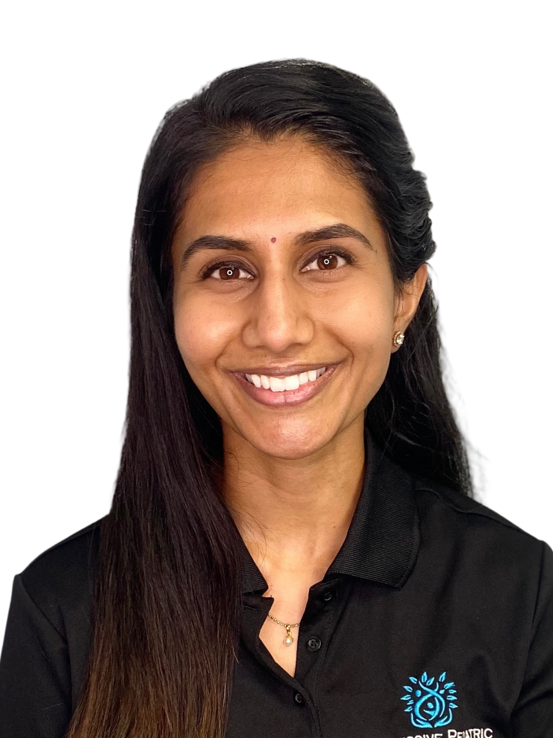 A woman in a black shirt is smiling for the camera.