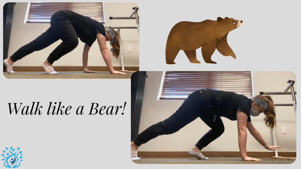 A woman is doing exercises to walk like a bear
