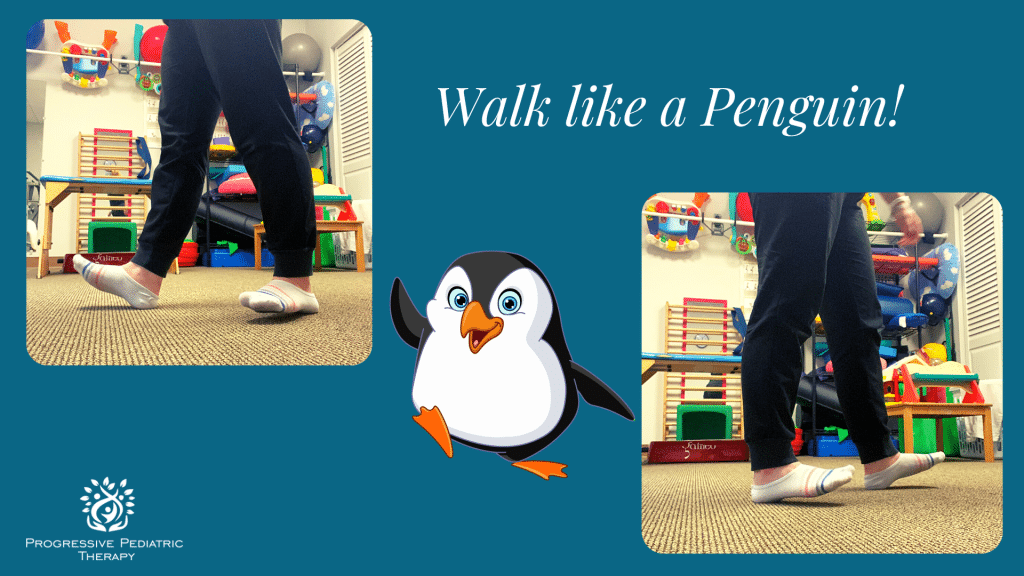 A person is walking like a penguin on a blue background.