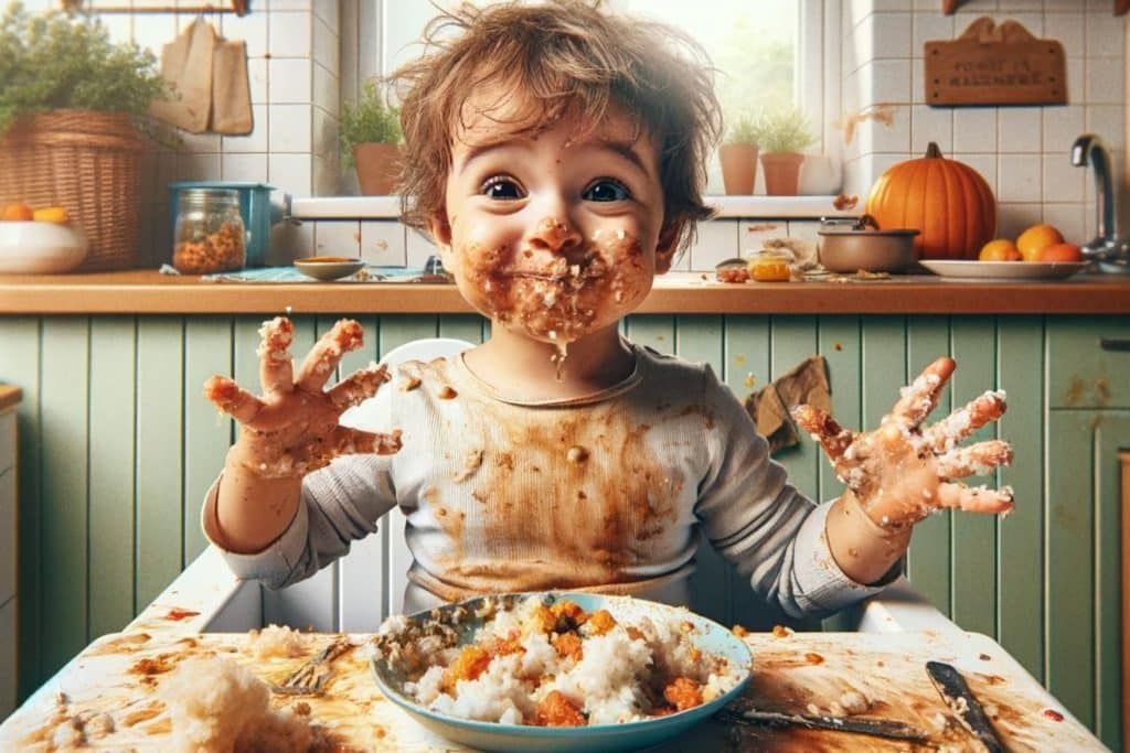 A little boy is sitting at a table with a bowl of food on his face.