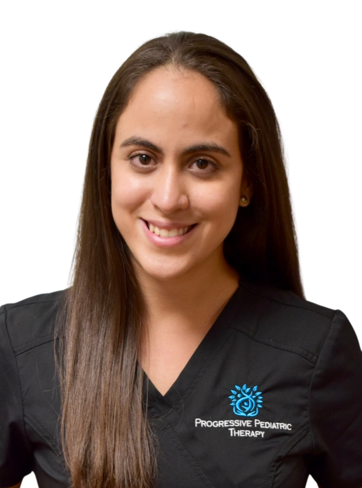 A woman wearing a black scrub top that says progressive pharmacy on it