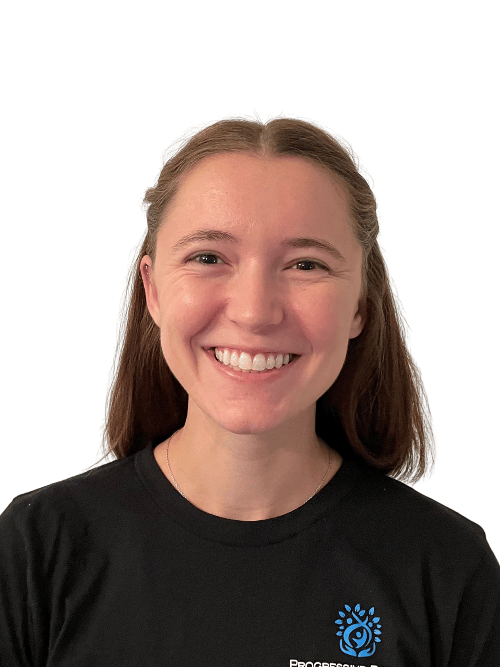A young woman wearing a black shirt is smiling for the camera.