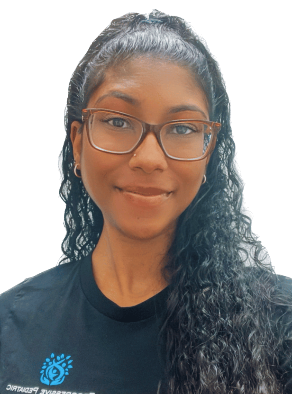A woman wearing glasses and a black shirt is smiling for the camera.