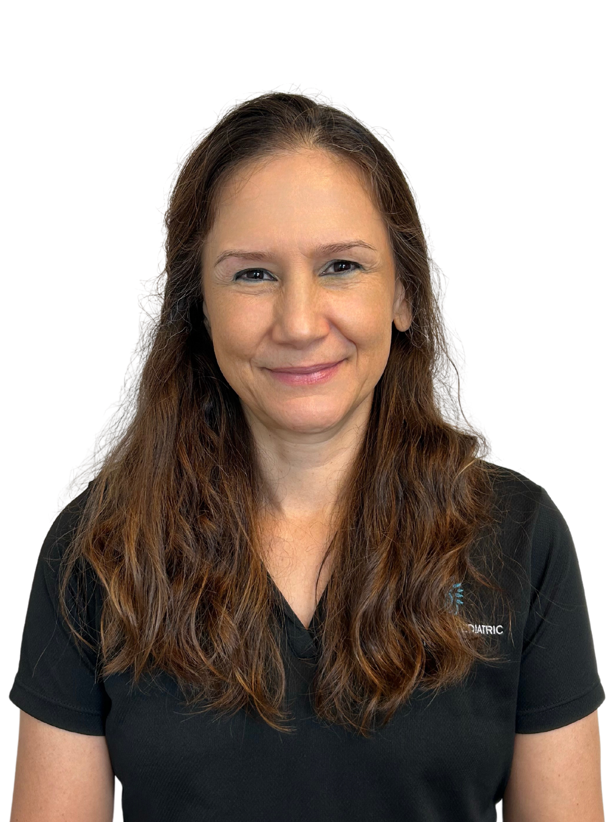 A woman with long brown hair is wearing a black shirt and smiling.
