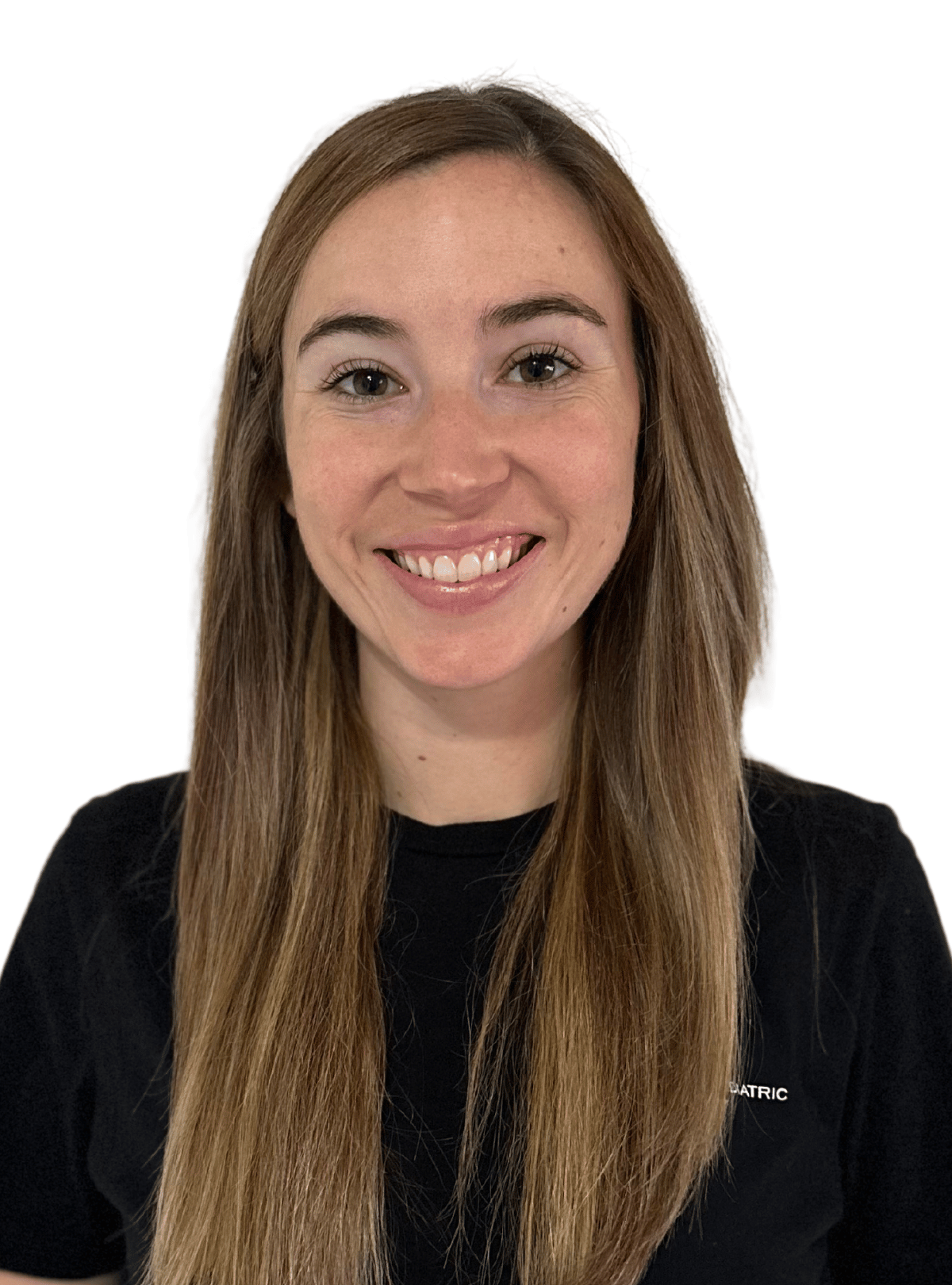 A woman with long hair is wearing a black shirt and smiling.