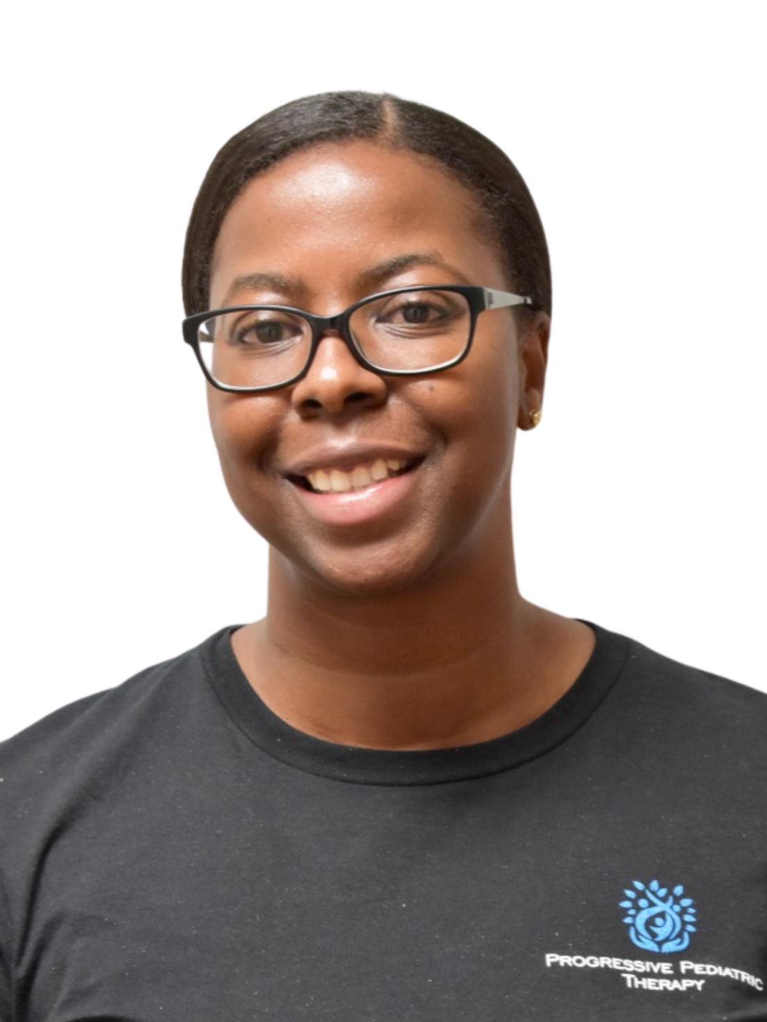 A woman wearing glasses and a black shirt with the word progressive on it