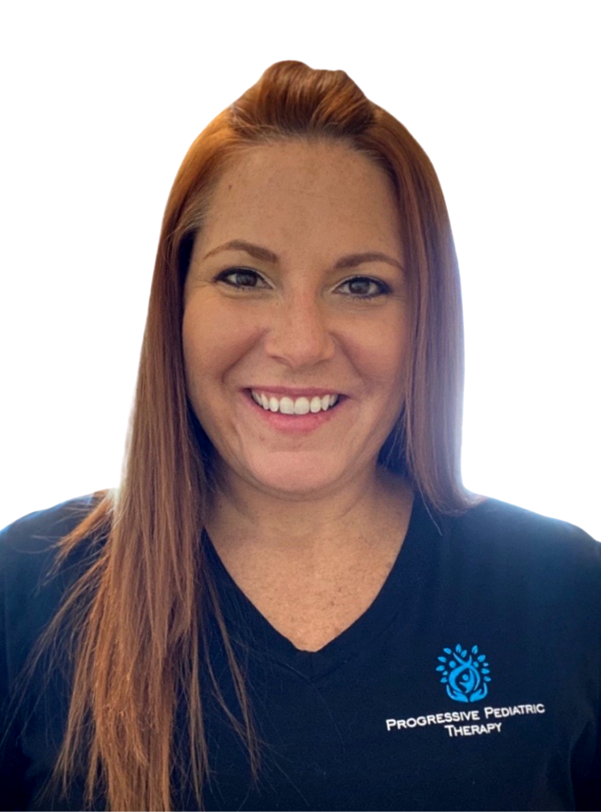 A woman wearing a black shirt that says progressive therapy