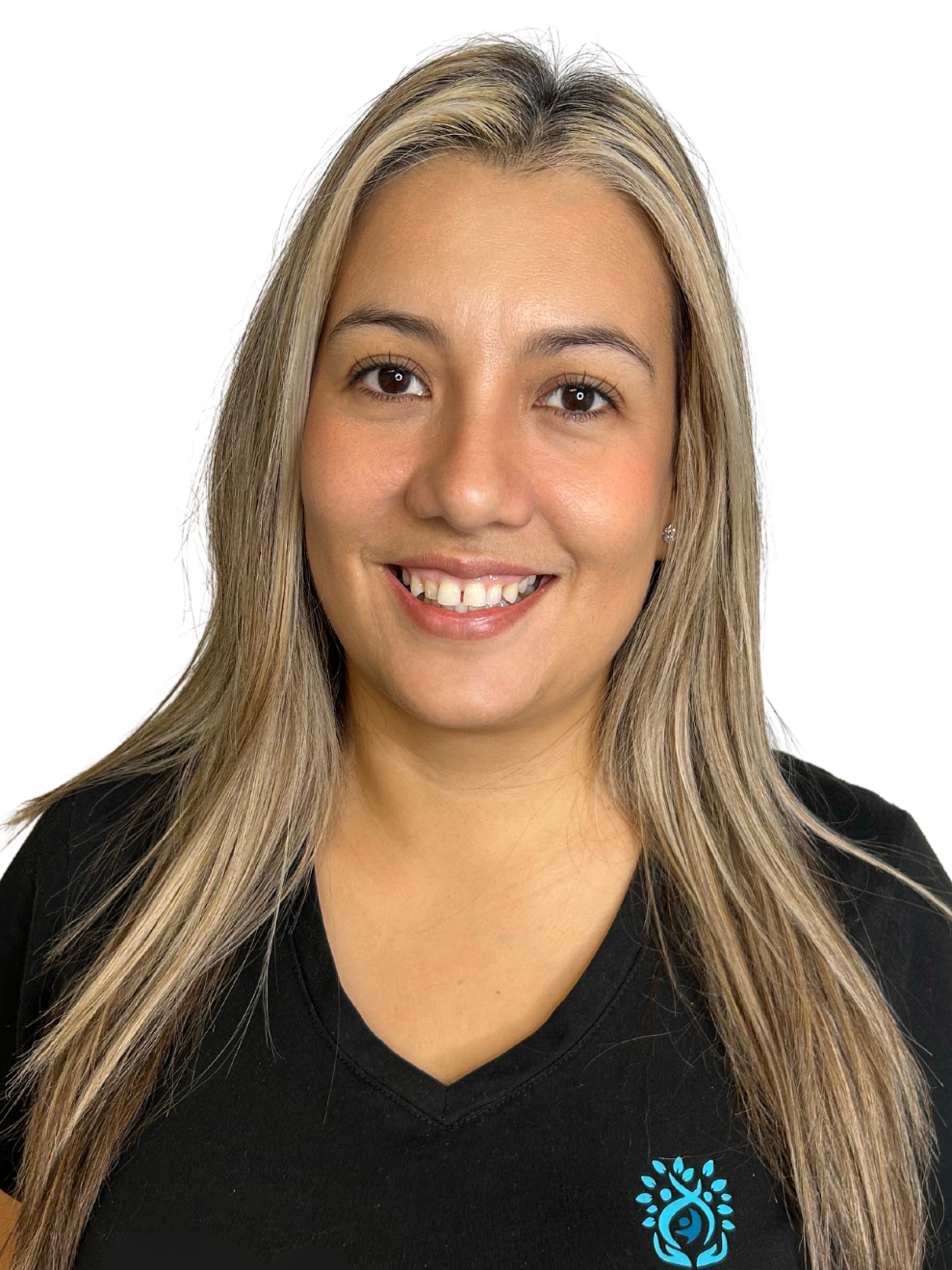 A woman with long blonde hair is wearing a black shirt and smiling.