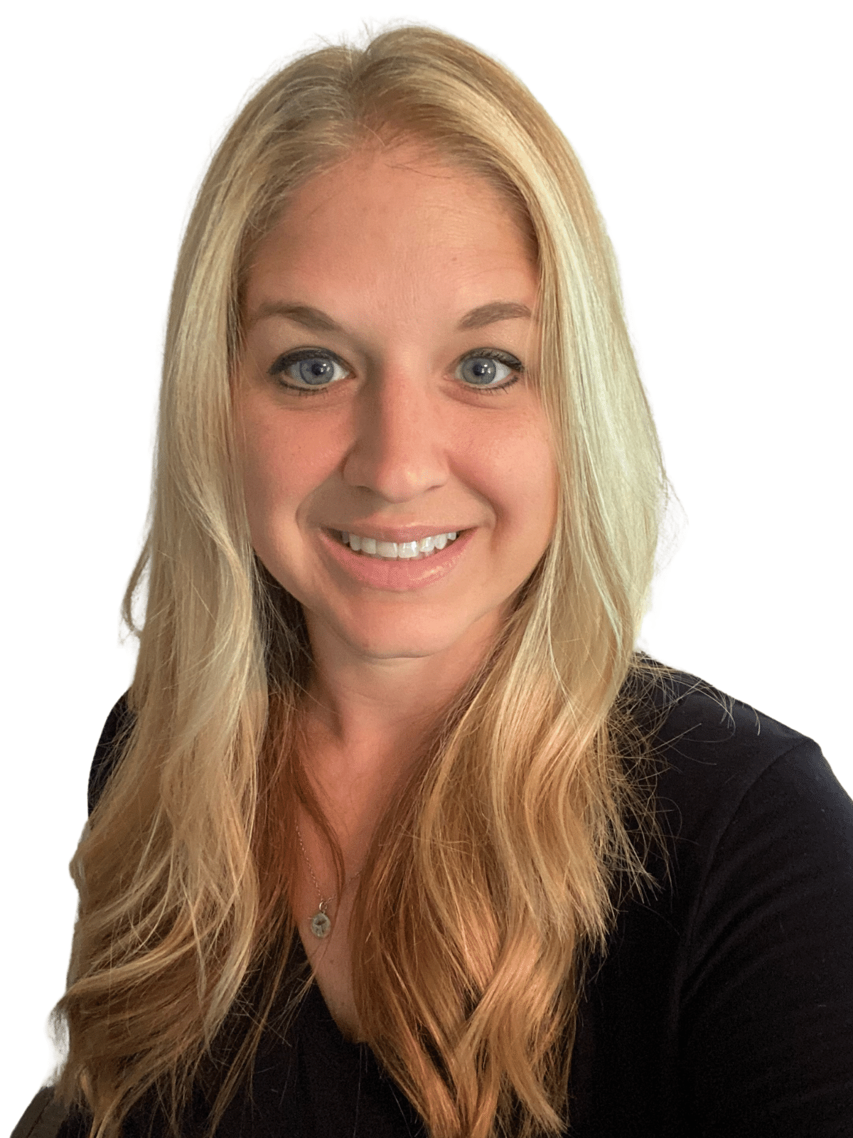 A woman with long blonde hair is smiling and wearing a black shirt.