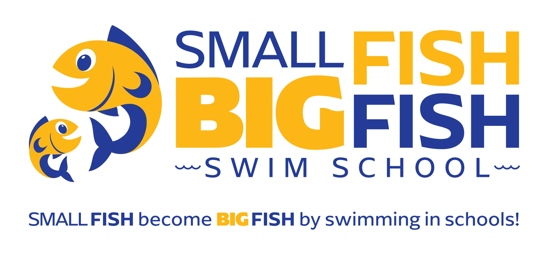 A small fish big fish swim school logo with a fish on it.