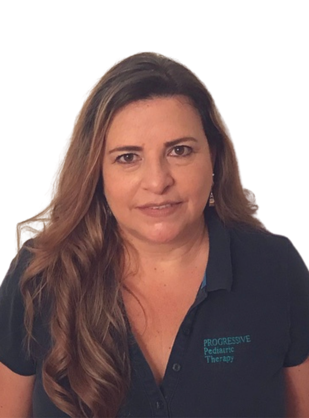 A woman with long hair is wearing a black shirt with the word therapy on it.