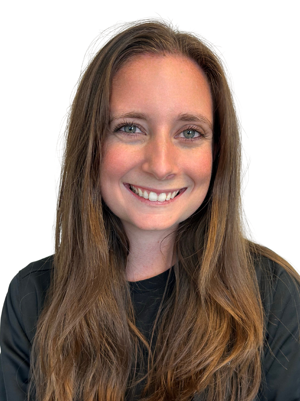 A woman with long brown hair is smiling and wearing a black shirt.