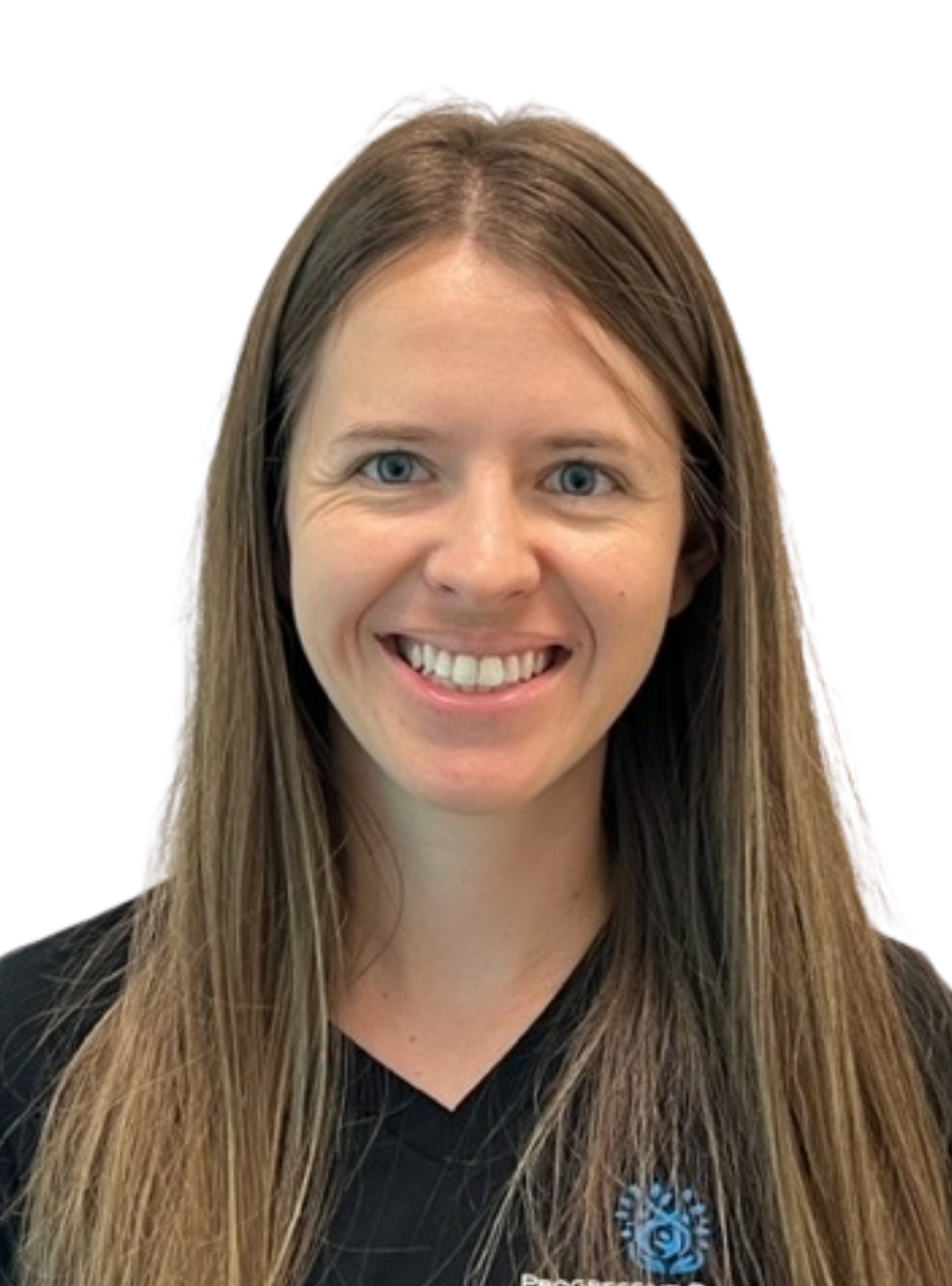 A woman with long hair is smiling and wearing a black shirt.