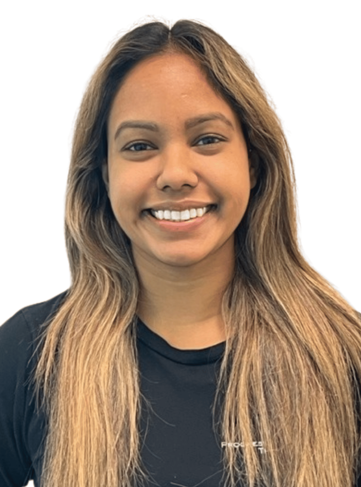A woman with long blonde hair is smiling and wearing a black shirt.