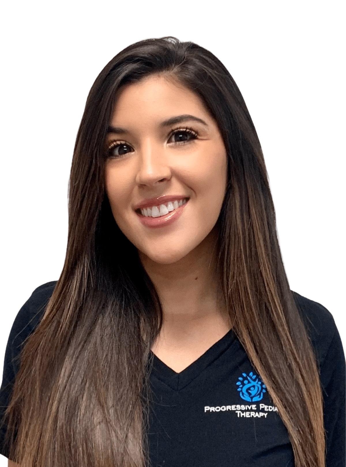 A woman with long hair is wearing a black shirt with the word therapy on it.