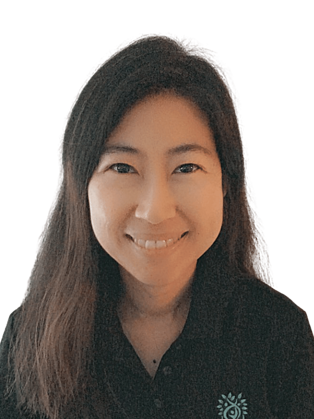 A woman with long hair is smiling and wearing a black shirt.