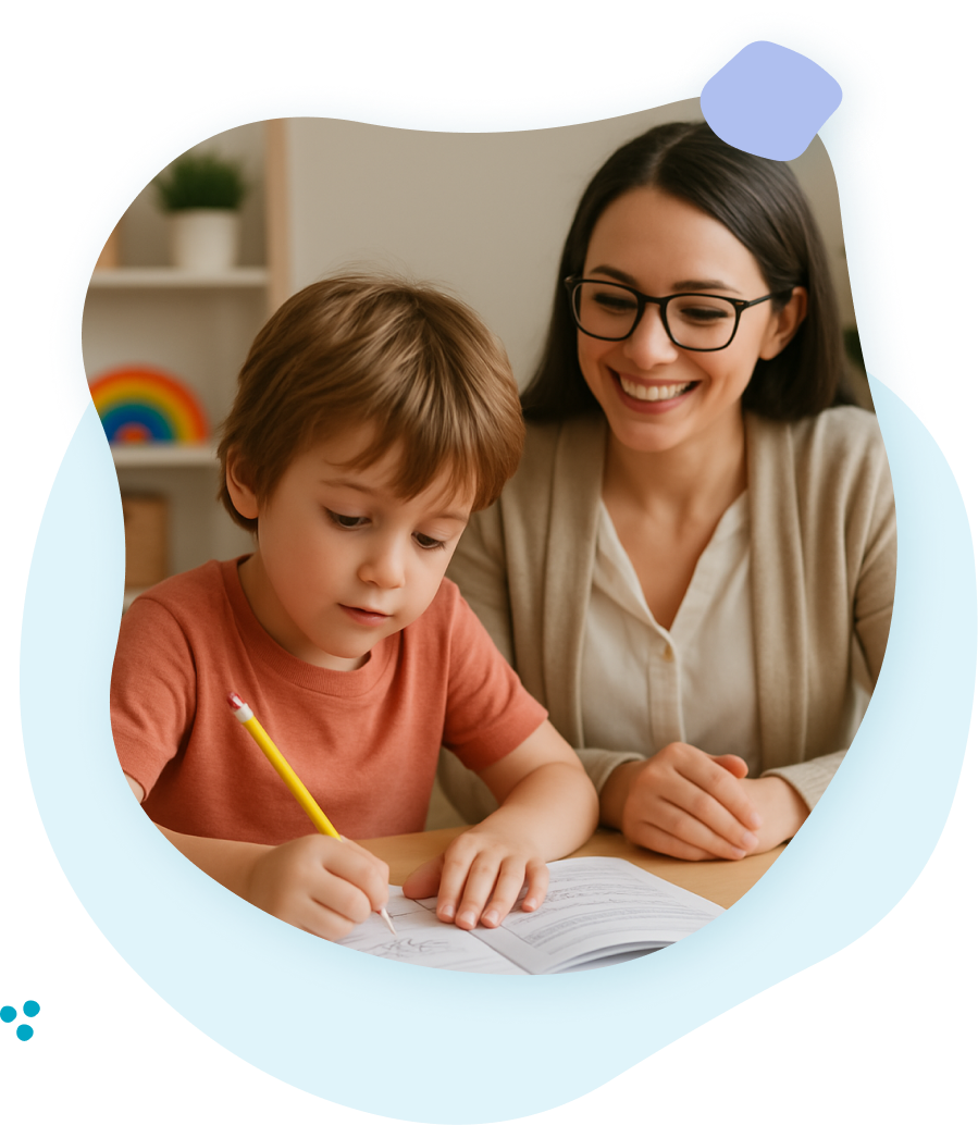 A child writing in a workbook with a therapist smiling.