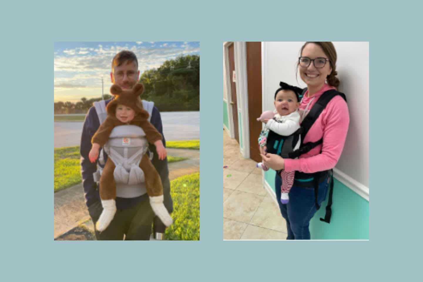 A man and a woman are holding a baby in a carrier.