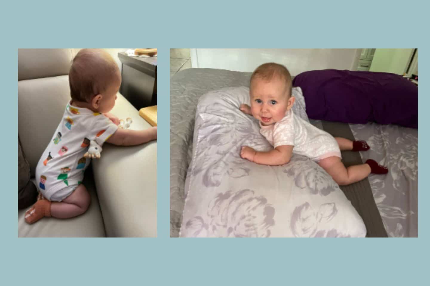 A baby is sitting on a couch and laying on a pillow.