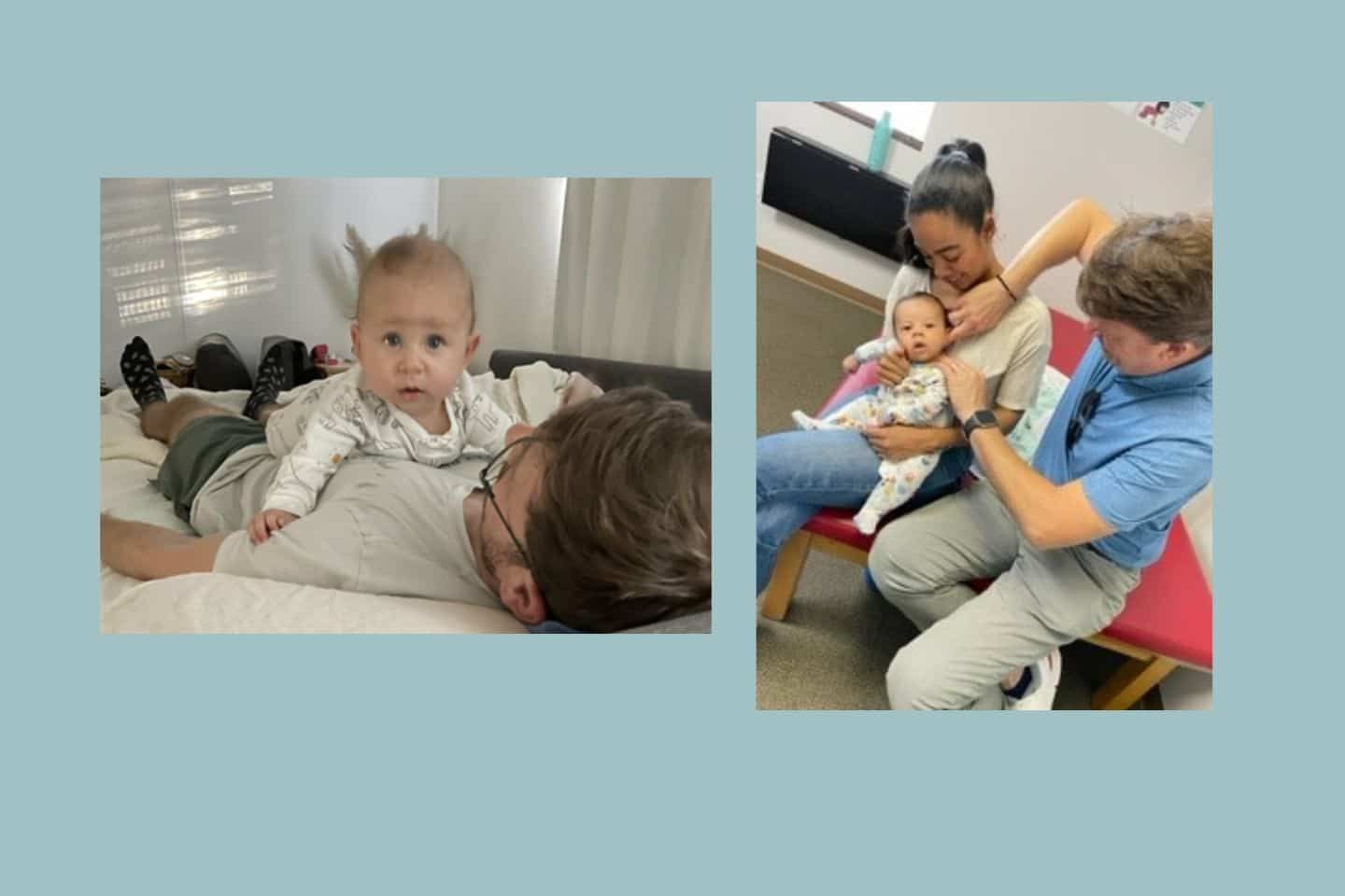 A man is laying on a bed holding a baby and a woman is holding a baby.