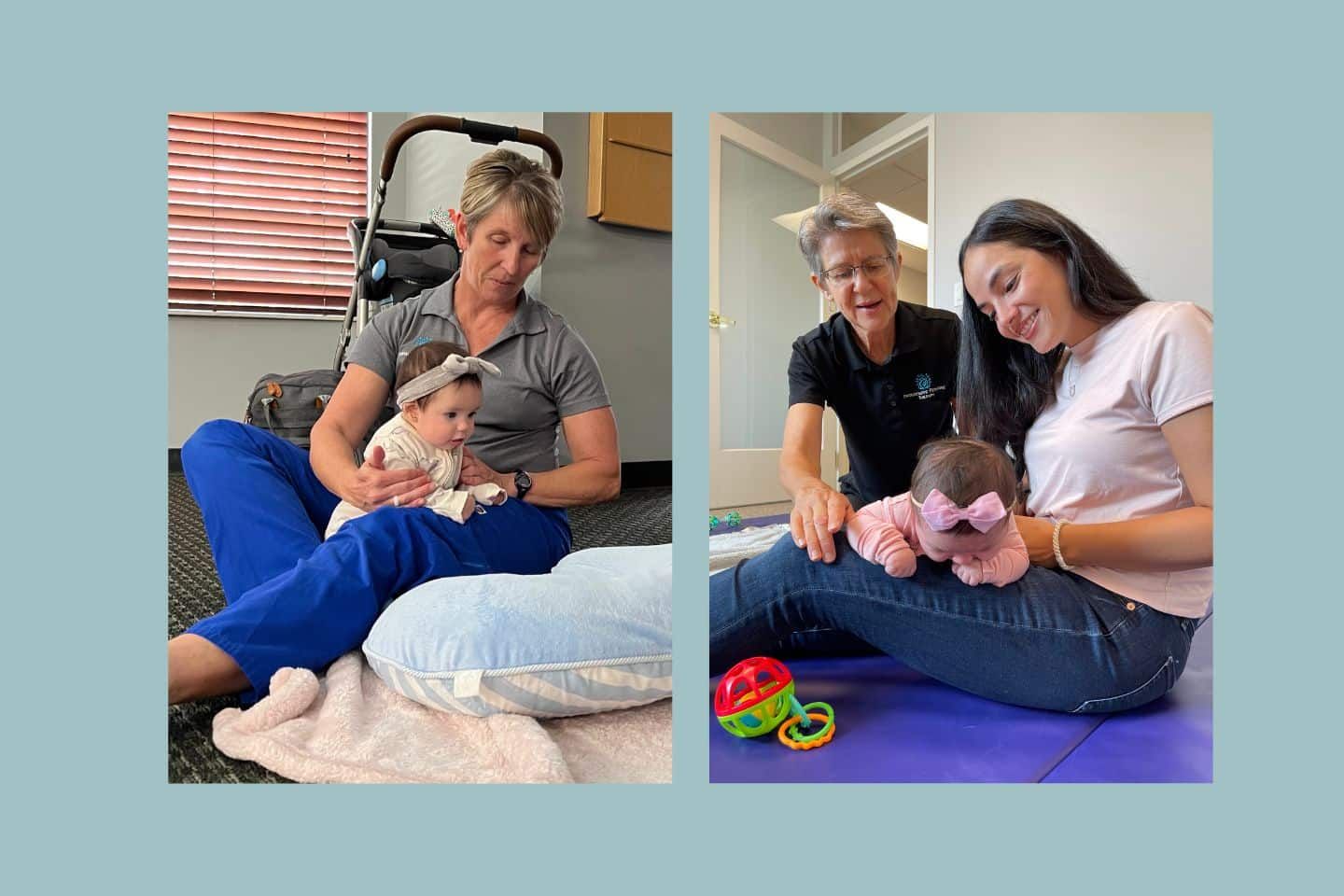 Two pictures of a woman holding a baby and a woman playing with a baby.