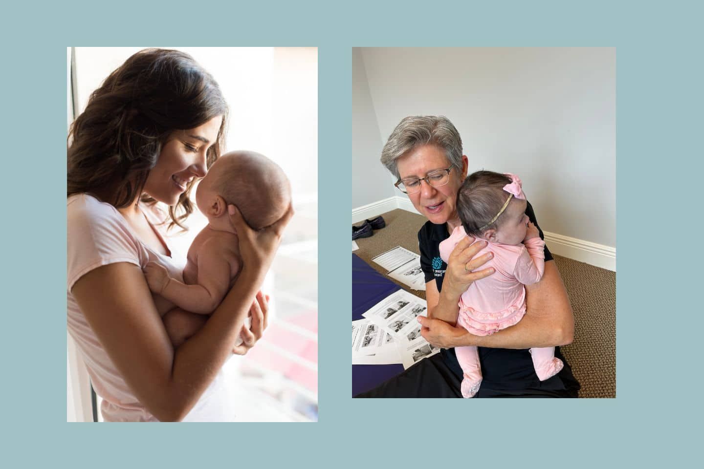 A woman is holding a baby and a woman is holding a baby.