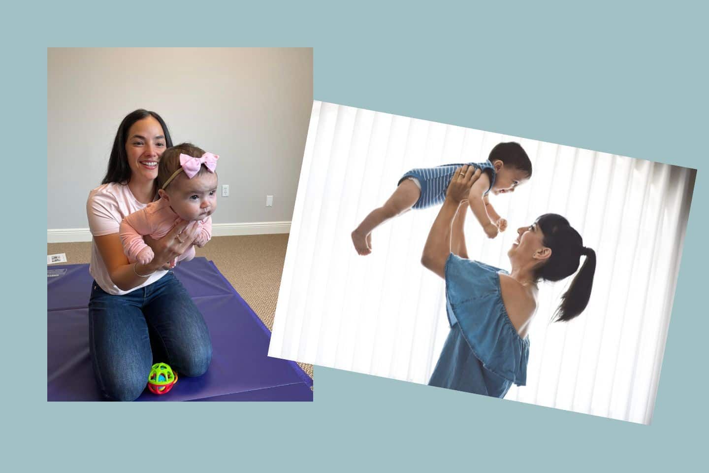 A woman is holding a baby in her arms on a mat.