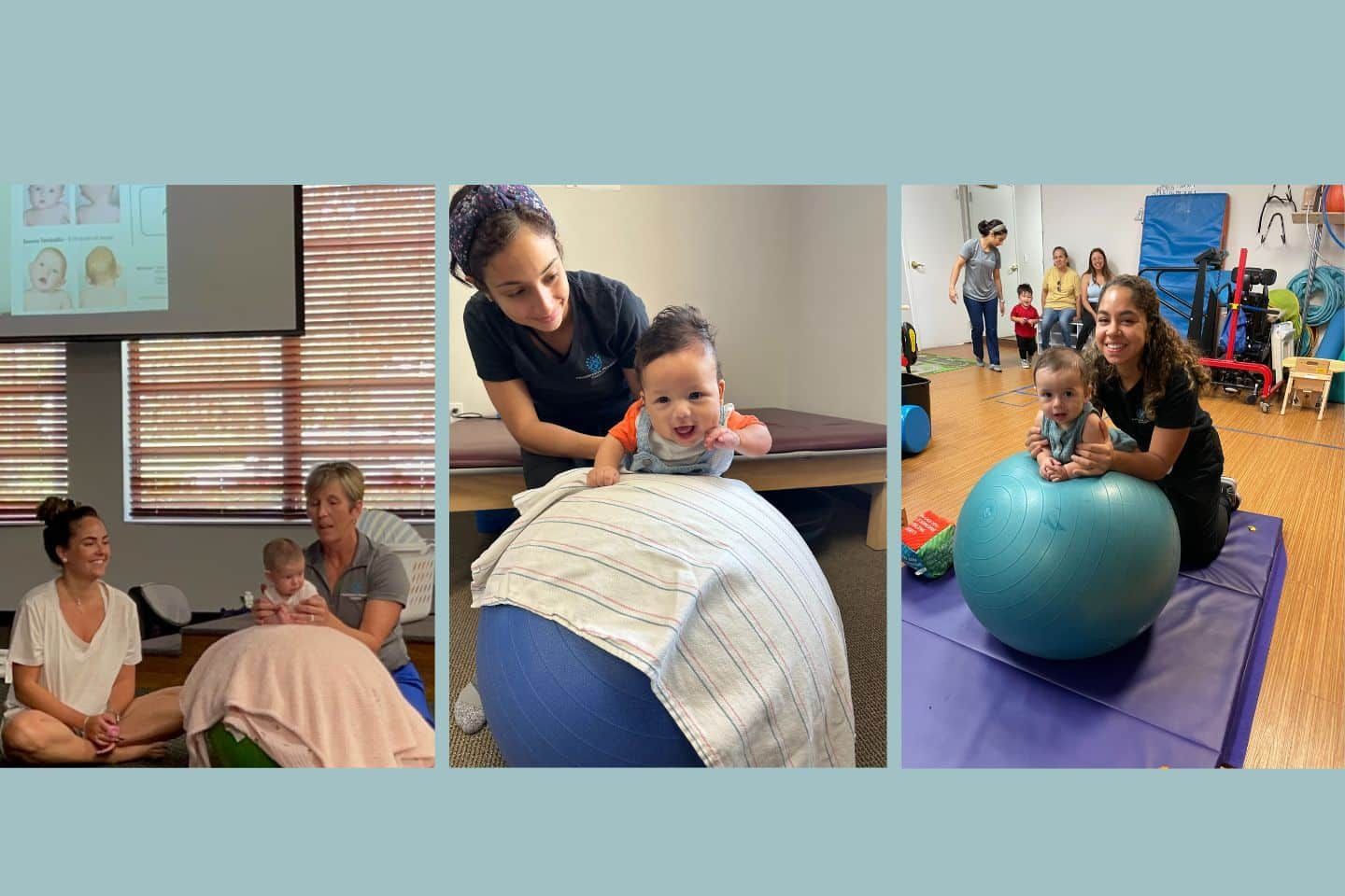 A collage of three pictures of a baby playing with a pilates ball.