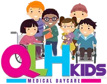 A group of children are standing next to each other in front of a medical daycare logo.