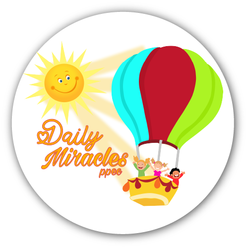 A sticker with a hot air balloon and the words `` daily miracles '' on it.